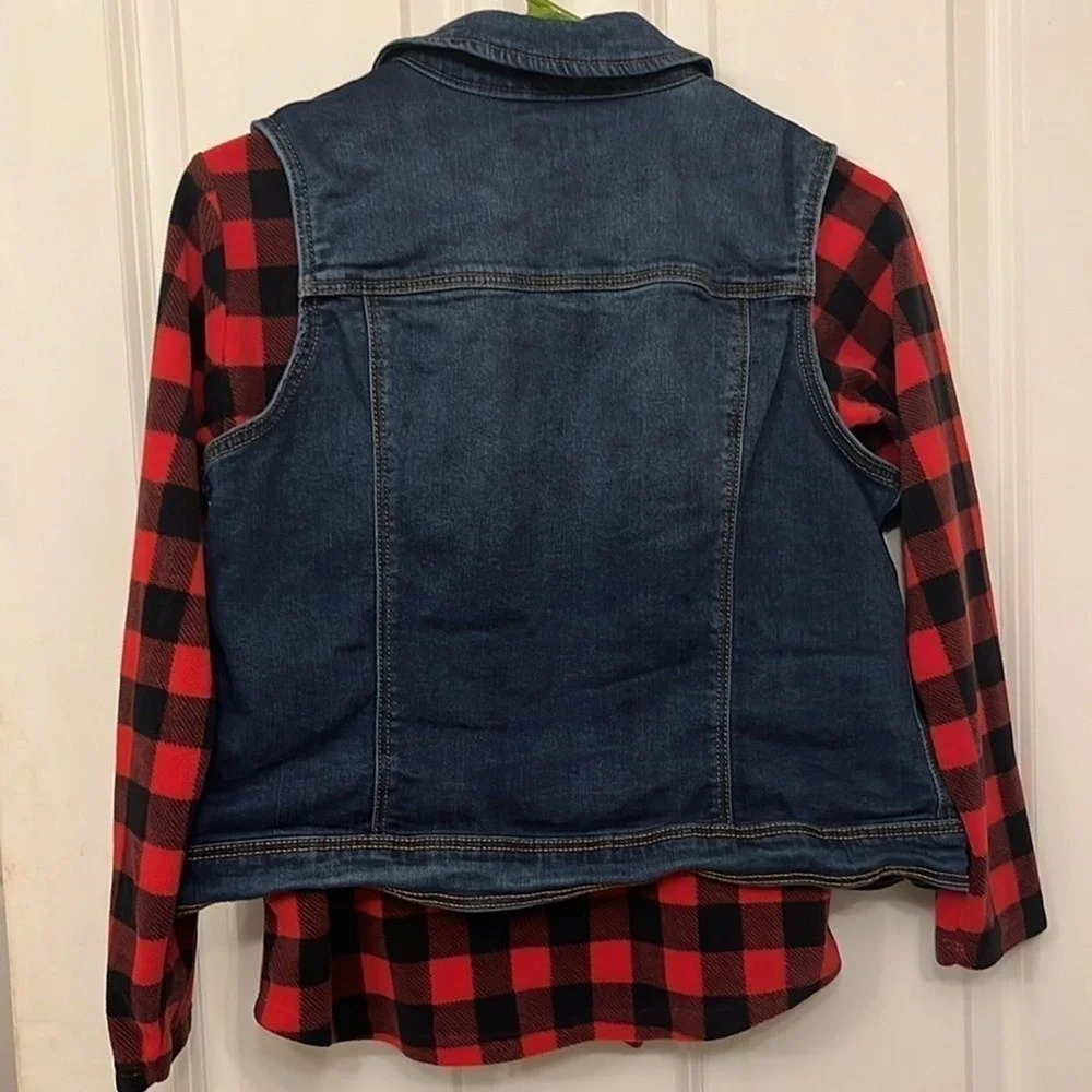 Old Navy Girls Denim Vest Red‎ Buffalo Plaid fleece 14/16 Woodsy valentines